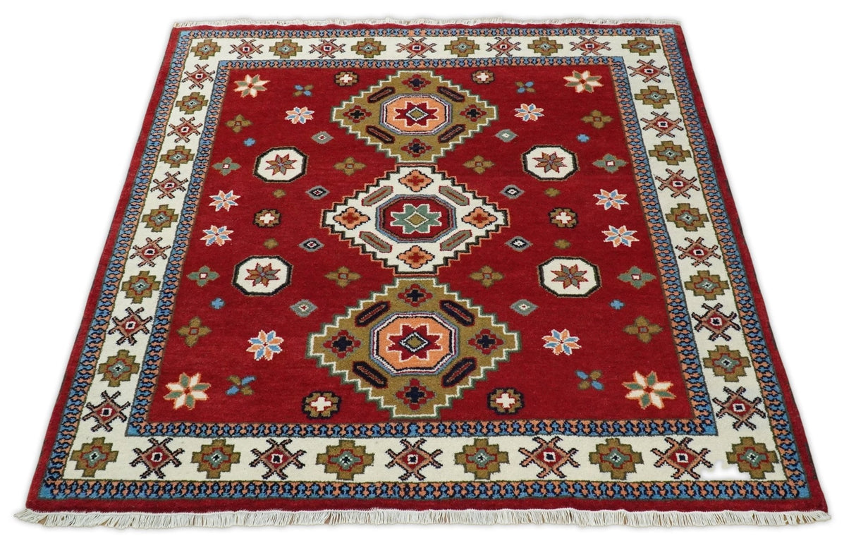 6x6 Square Hand Knotted Antique Kazak Red and Ivory Wool Area Rug