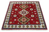6x6 Square Hand Knotted Antique Kazak Red and Ivory Wool Area Rug