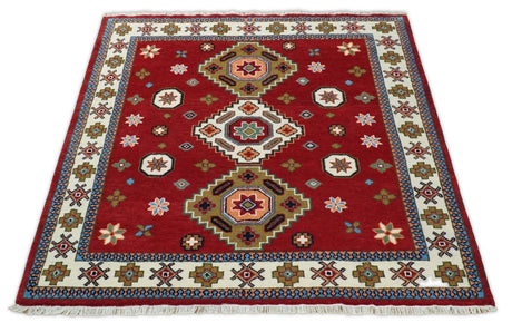 6x6 Square Hand Knotted Antique Kazak Red and Ivory Wool Area Rug