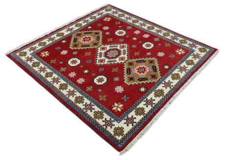 6x6 Square Hand Knotted Antique Kazak Red and Ivory Wool Area Rug