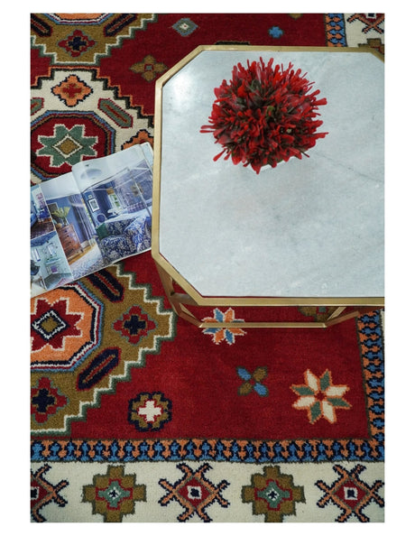 6x6 Square Hand Knotted Antique Kazak Red and Ivory Wool Area Rug