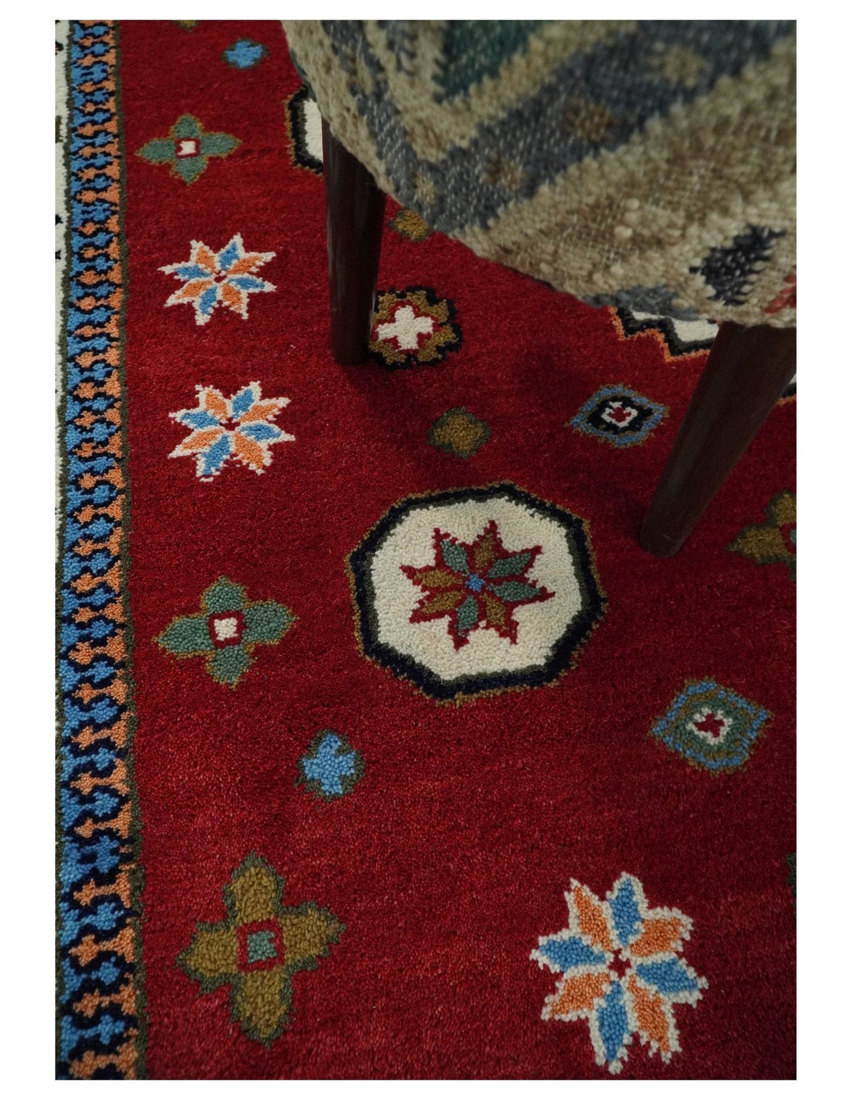 6x6 Square Hand Knotted Antique Kazak Red and Ivory Wool Area Rug