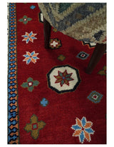 6x6 Square Hand Knotted Antique Kazak Red and Ivory Wool Area Rug