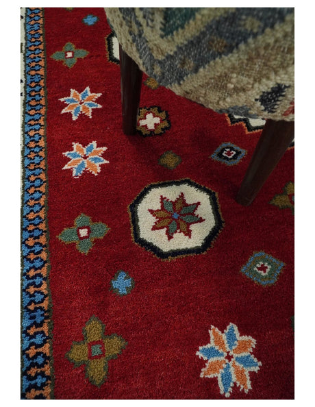6x6 Square Hand Knotted Antique Kazak Red and Ivory Wool Area Rug