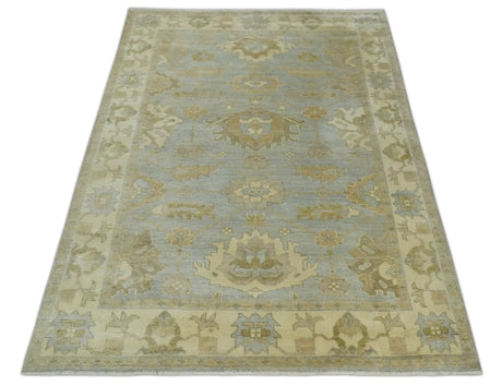 6x8 Hand Knotted Silver and Beige Antique Style Traditional Oushak Wool Rug