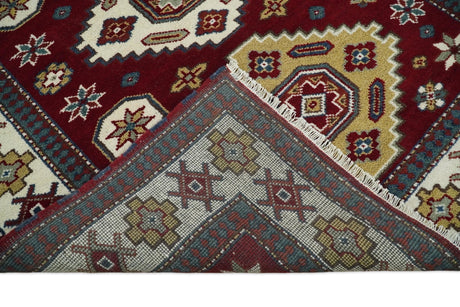 6x8 Hand Knotted Traditional Antique Kazak Maroon and Ivory Wool Area Rug
