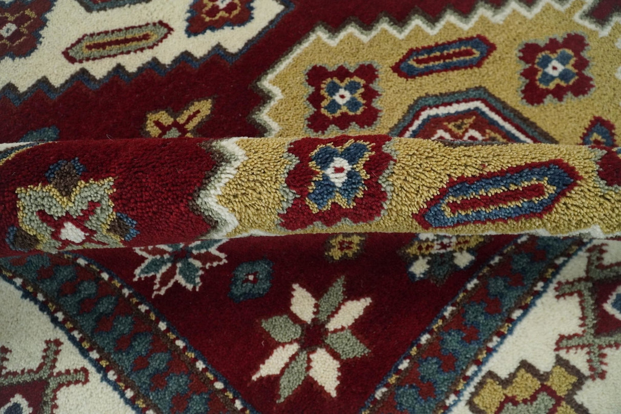 6x8 Hand Knotted Traditional Antique Kazak Maroon and Ivory Wool Area Rug