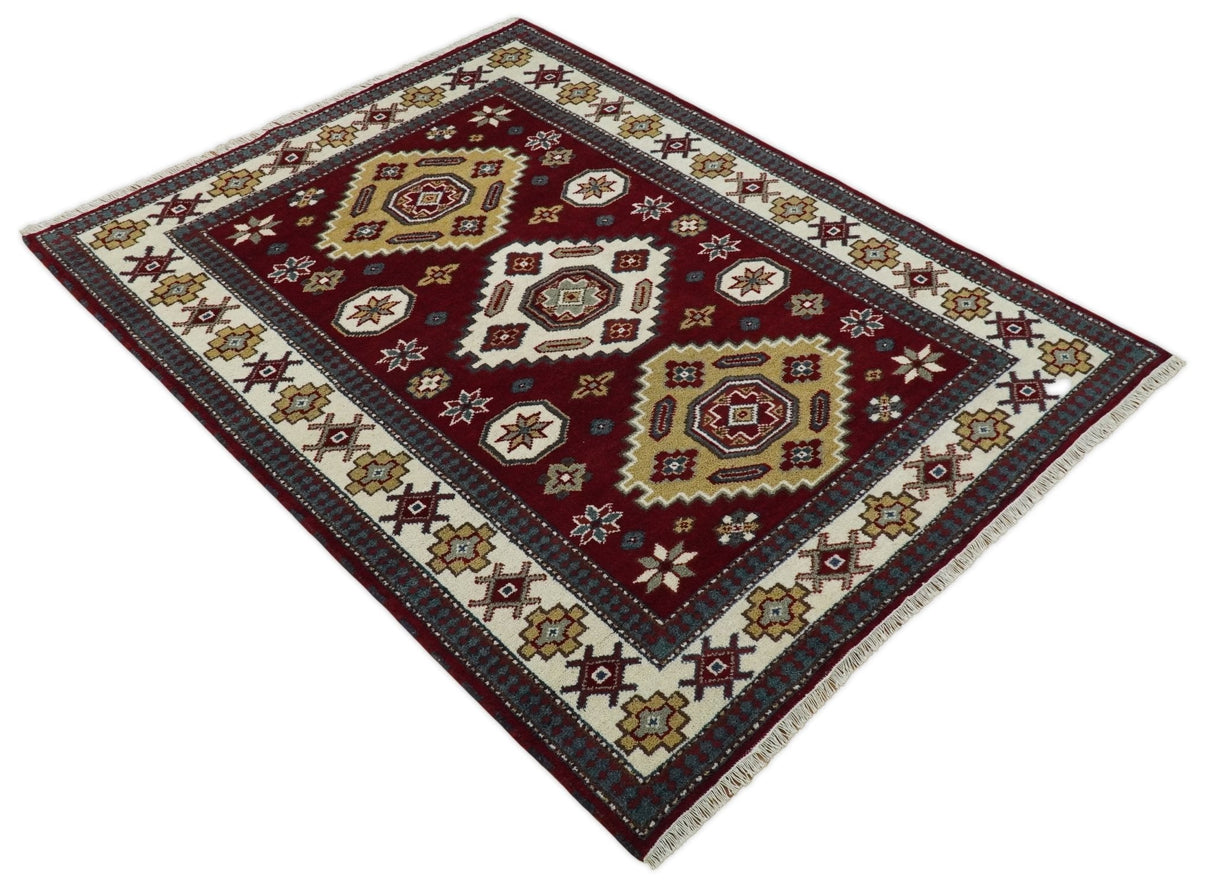 6x8 Hand Knotted Traditional Antique Kazak Maroon and Ivory Wool Area Rug