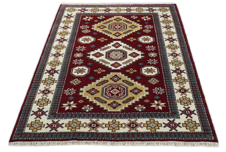 6x8 Hand Knotted Traditional Antique Kazak Maroon and Ivory Wool Area Rug