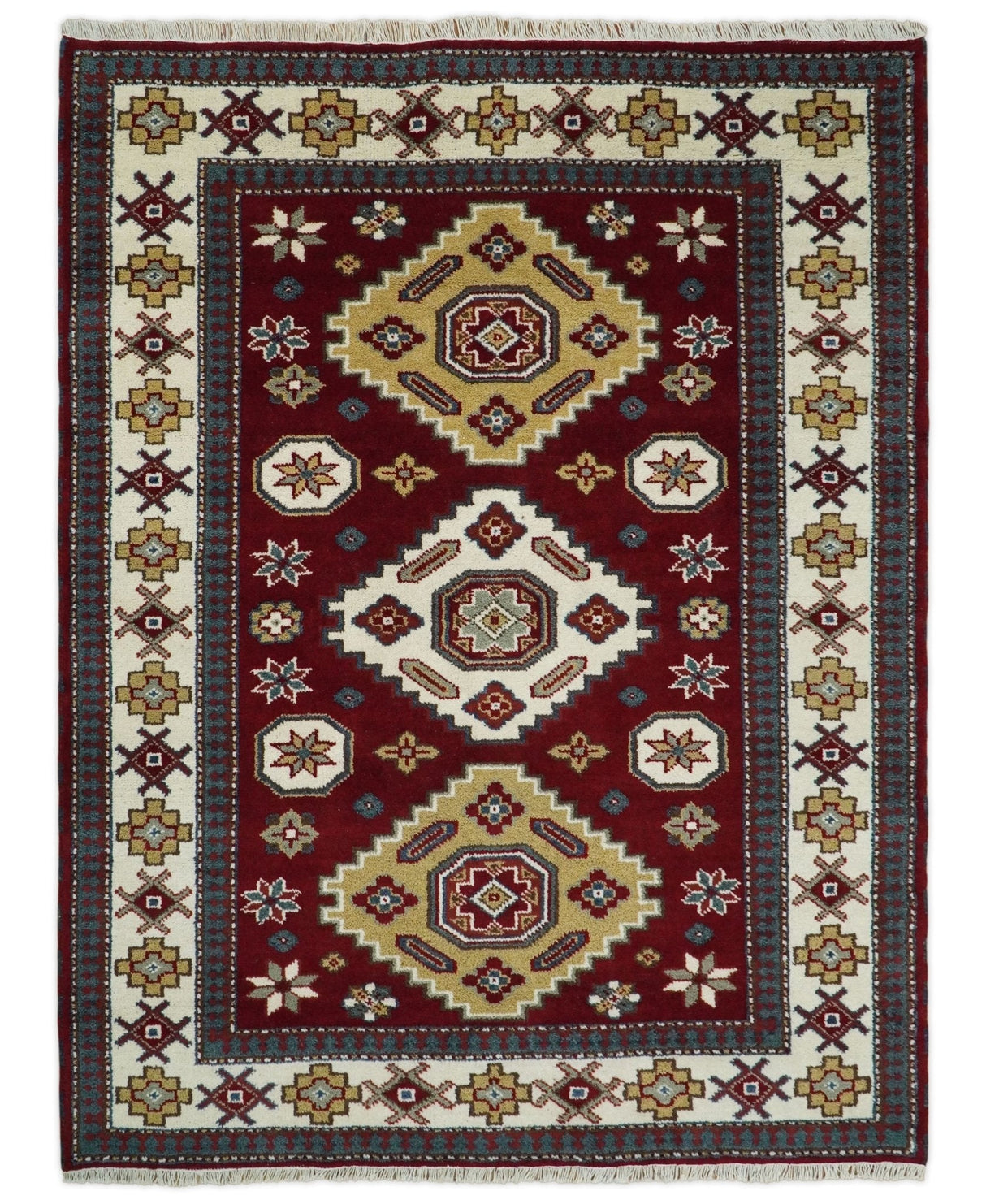 6x8 Hand Knotted Traditional Antique Kazak Maroon and Ivory Wool Area Rug