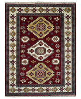 6x8 Hand Knotted Traditional Antique Kazak Maroon and Ivory Wool Area Rug