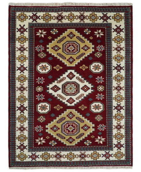 6x8 Hand Knotted Traditional Antique Kazak Maroon and Ivory Wool Area Rug