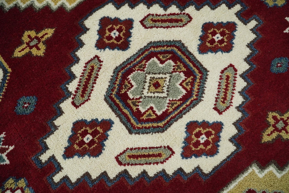 6x8 Hand Knotted Traditional Antique Kazak Maroon and Ivory Wool Area Rug