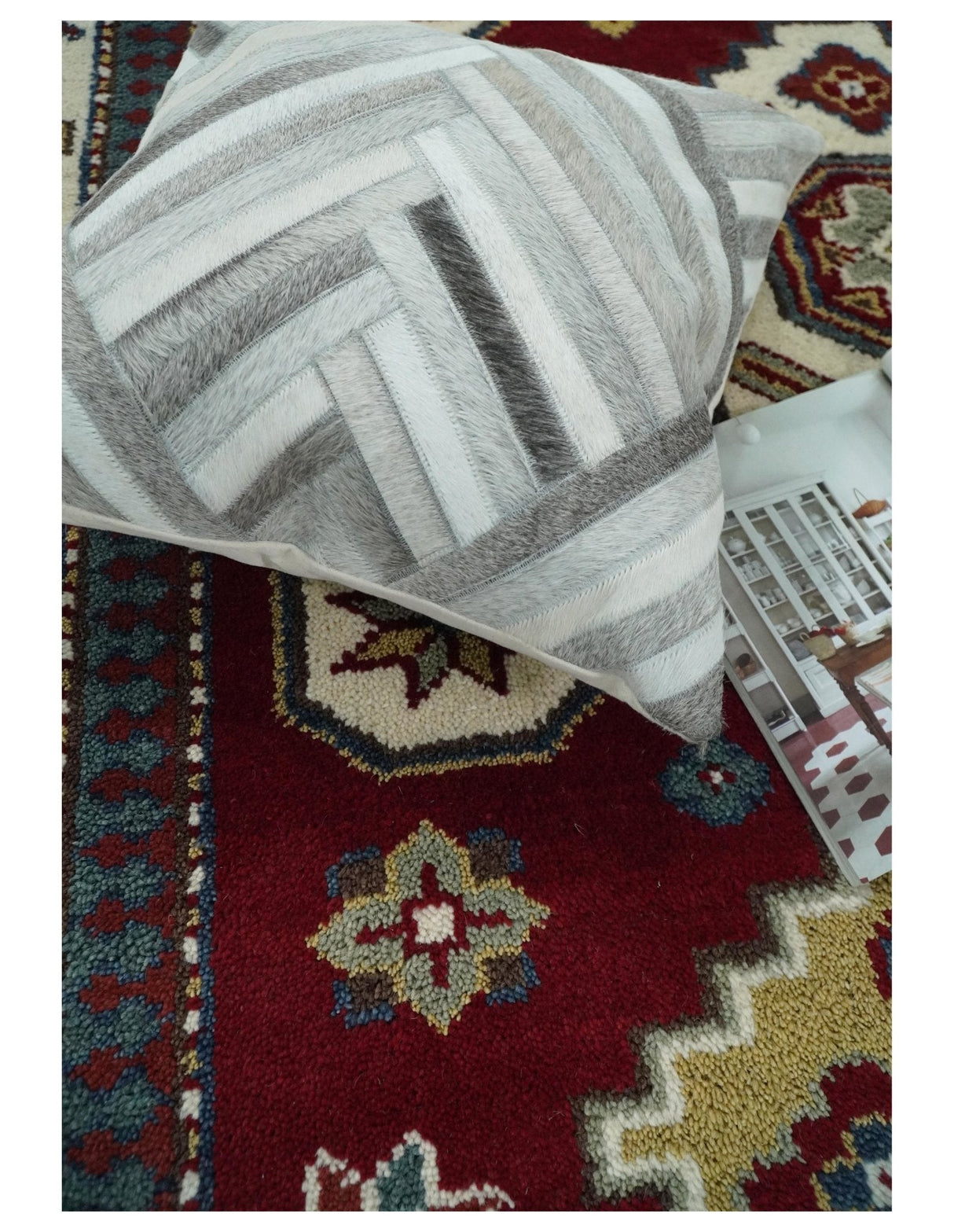 6x8 Hand Knotted Traditional Antique Kazak Maroon and Ivory Wool Area Rug
