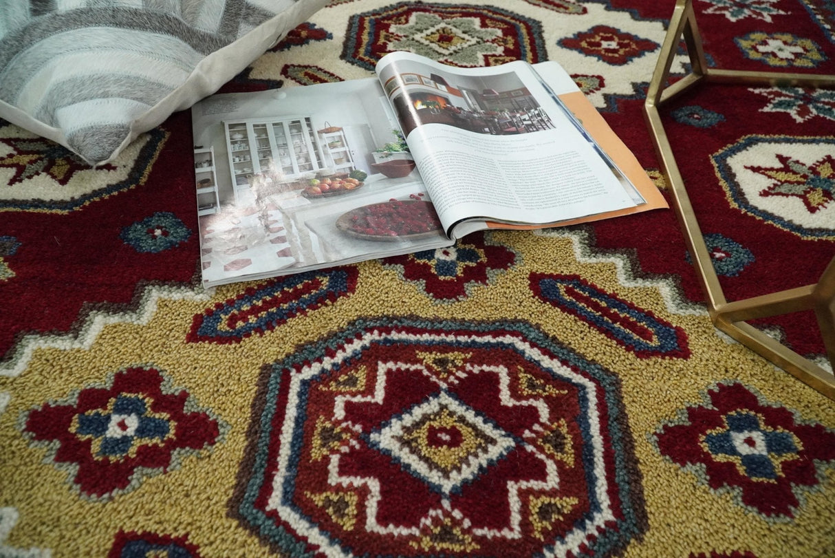 6x8 Hand Knotted Traditional Antique Kazak Maroon and Ivory Wool Area Rug