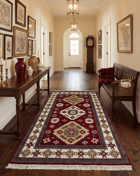 6x8 Hand Knotted Traditional Antique Kazak Maroon and Ivory Wool Area Rug