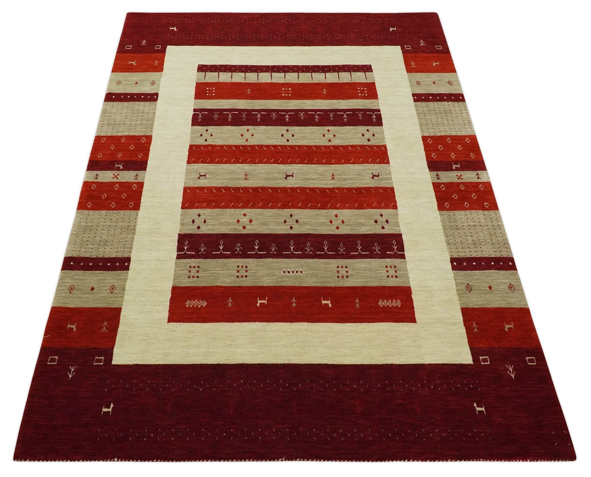 6x8 Maroon and Beige Striped Wool Hand Woven Southwestern Lori Gabbeh Rug