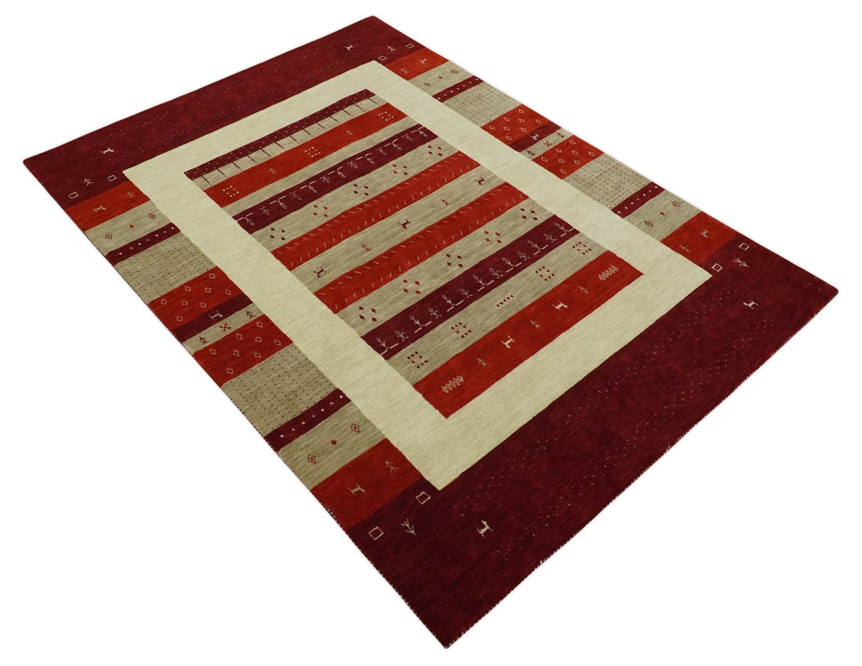 6x8 Maroon and Beige Striped Wool Hand Woven Southwestern Lori Gabbeh Rug