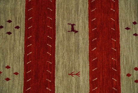 6x8 Maroon and Beige Striped Wool Hand Woven Southwestern Lori Gabbeh Rug