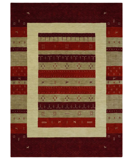 6x8 Maroon and Beige Striped Wool Hand Woven Southwestern Lori Gabbeh Rug