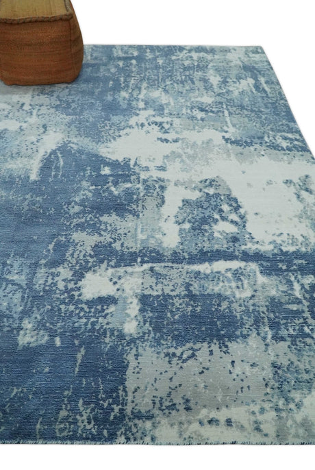 6x9 Blue, Ivory and Gray Modern Abstract Hand Loomed Blended wool and Art silk Area Rug