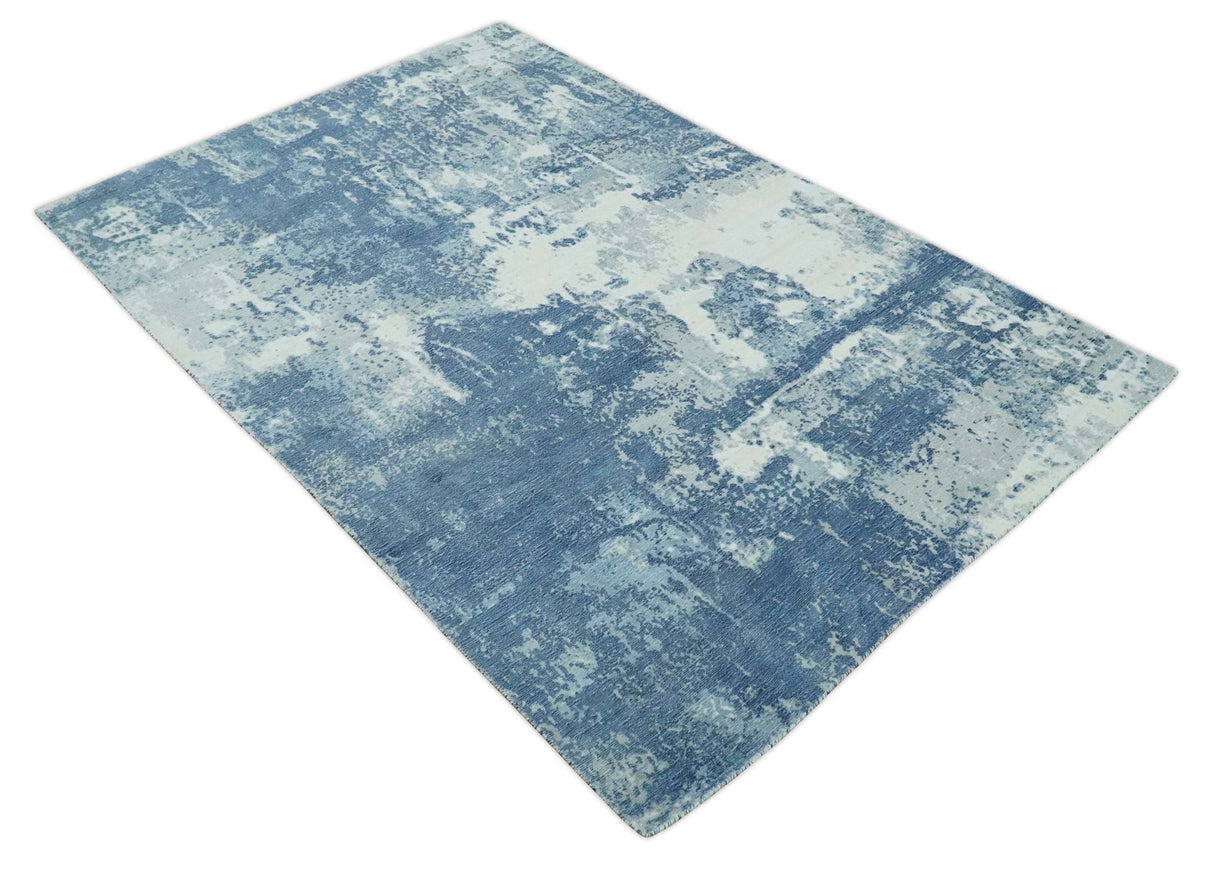 6x9 Blue, Ivory and Gray Modern Abstract Hand Loomed Blended wool and Art silk Area Rug-Area Rug-Parc Decor