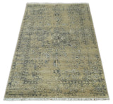 6x9 Fine Hand Knotted Beige and Black Traditional Vintage Persian Style Antique Wool Rug