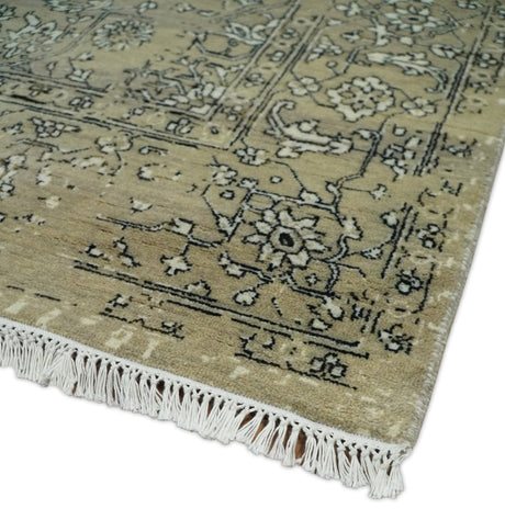 6x9 Fine Hand Knotted Beige and Black Traditional Vintage Persian Style Antique Wool Rug