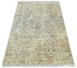 6x9 Fine Hand Knotted Beige and Rust Vintage Persian Style Antique Wool and Silk Rug
