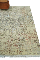 6x9 Fine Hand Knotted Beige and Rust Vintage Persian Style Antique Wool and Silk Rug