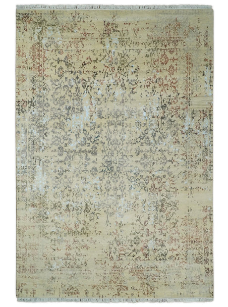 6x9 Fine Hand Knotted Beige and Rust Vintage Persian Style Antique Wool and Silk Rug