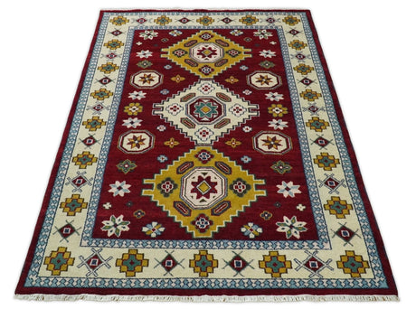 6x9 Hand Knotted Traditional Antique Kazak Red and Mustard Wool Area Rug