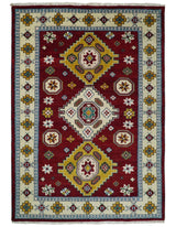 6x9 Hand Knotted Traditional Antique Kazak Red and Mustard Wool Area Rug