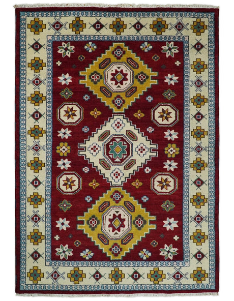 6x9 Hand Knotted Traditional Antique Kazak Red and Mustard Wool Area Rug