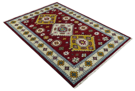 6x9 Hand Knotted Traditional Antique Kazak Red and Mustard Wool Area Rug