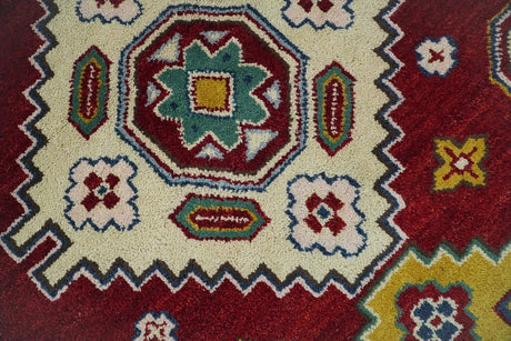 6x9 Hand Knotted Traditional Antique Kazak Red and Mustard Wool Area Rug