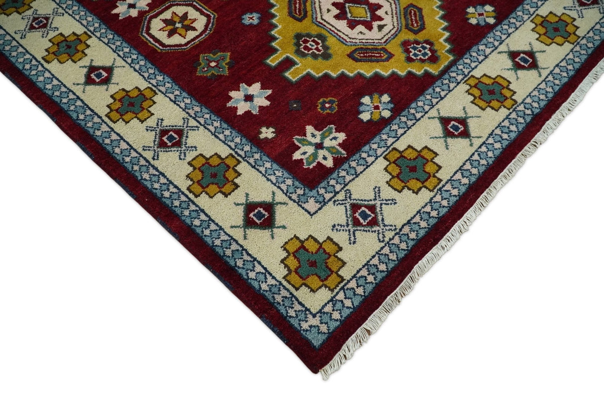 6x9 Hand Knotted Traditional Antique Kazak Red and Mustard Wool Area Rug