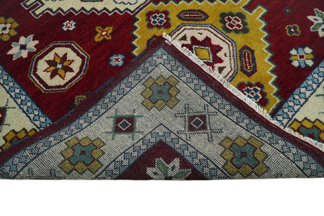 6x9 Hand Knotted Traditional Antique Kazak Red and Mustard Wool Area Rug