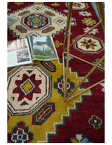 6x9 Hand Knotted Traditional Antique Kazak Red and Mustard Wool Area Rug
