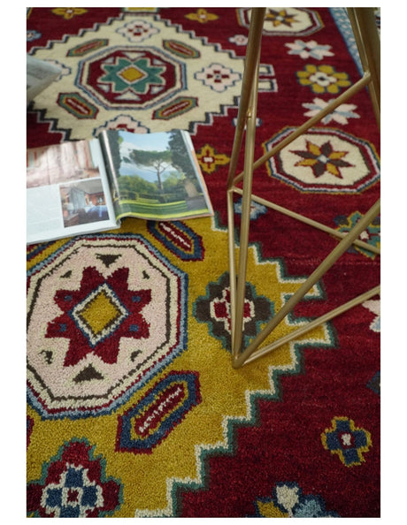 6x9 Hand Knotted Traditional Antique Kazak Red and Mustard Wool Area Rug