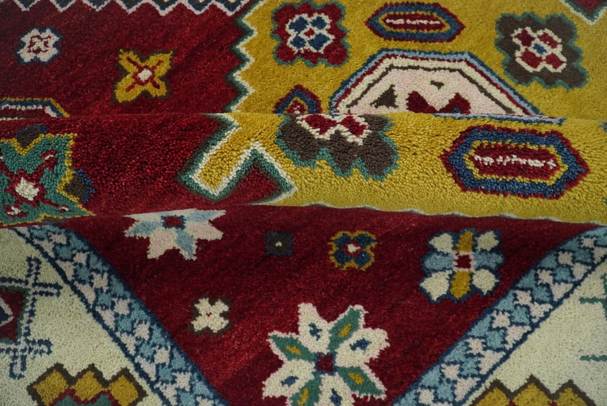 6x9 Hand Knotted Traditional Antique Kazak Red and Mustard Wool Area Rug
