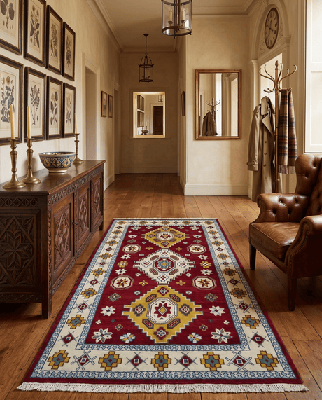 6x9 Hand Knotted Traditional Antique Kazak Red and Mustard Wool Area Rug