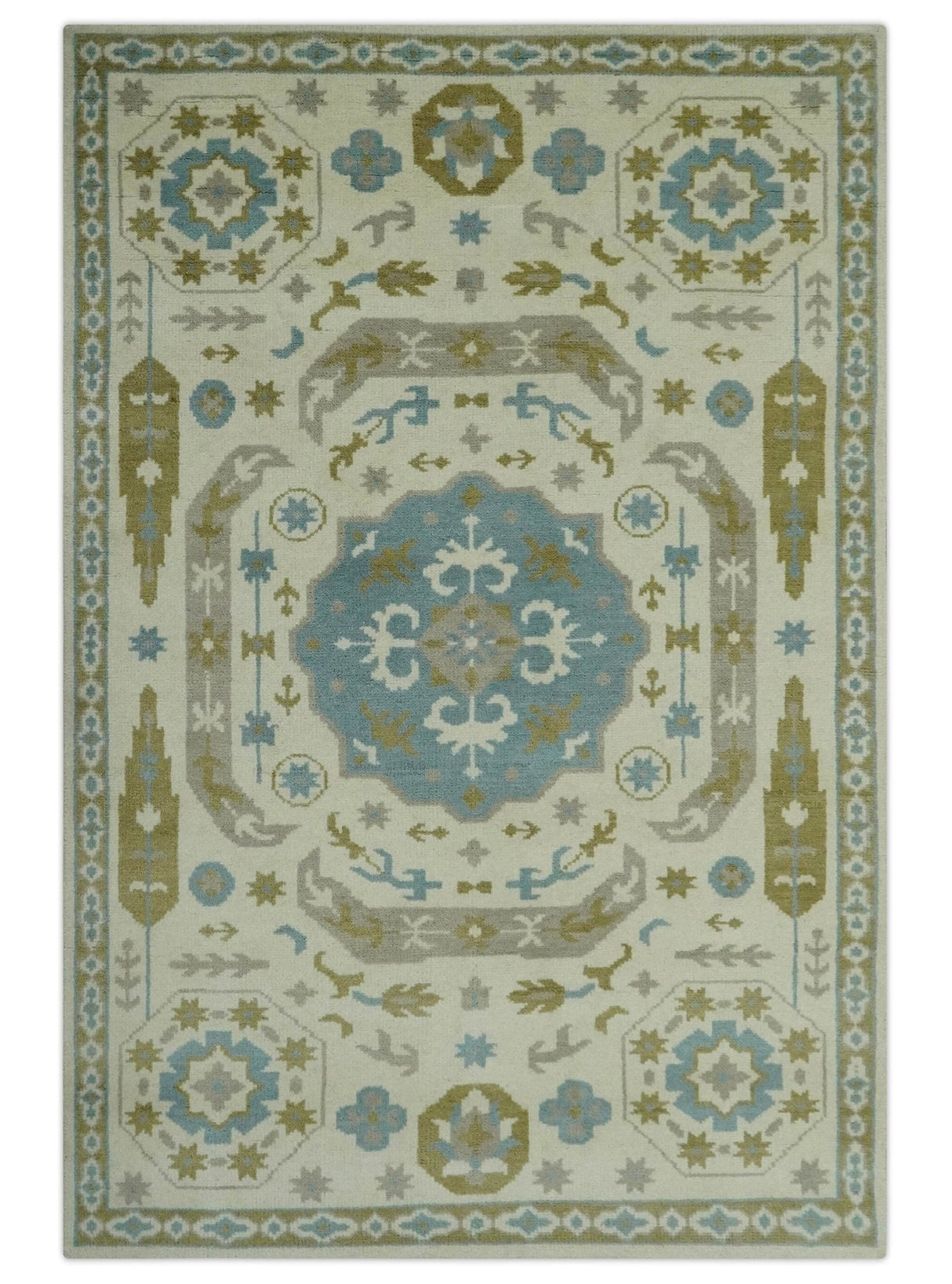 6x9 Ivory, Olive and Teal Hand Knotted Traditional Medallion Mamluk Design wool Area Rug