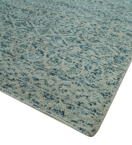 6X9 Teal and Beige Hand Knotted Southwestern Tribal Trellis recycled silk Rug
