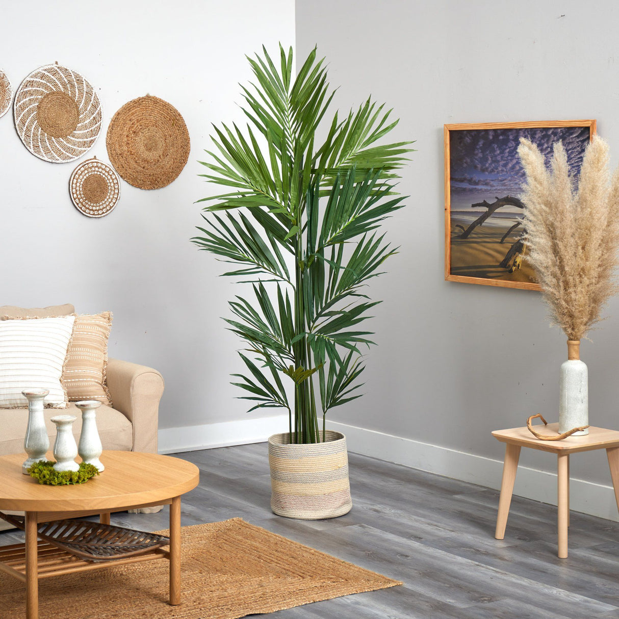 7’ Kentia Artificial Palm in Handmade Natural Cotton Multicolored Woven Planterr-Parc Decor