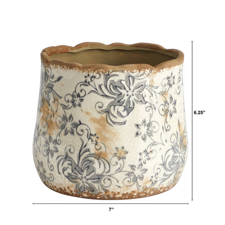 7” Tuscan Ceramic Gray Scroll Planter-Parc Decor