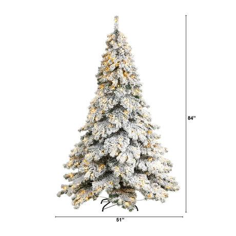 7’ Flocked Austria Fir Christmas Tree with 400 Warm White LED Lights and 1063 Bendable Branches-Christmas Tree-Parc Decor