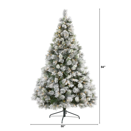 7’ Flocked Oregon Pine Artificial Christmas Tree with 400 Clear Lights and 834 Bendable Branches-Christmas Tree-Parc Decor