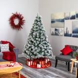 7’ Flocked Oregon Pine Artificial Christmas Tree with 400 Clear Lights and 834 Bendable Branches-Christmas Tree-Parc Decor