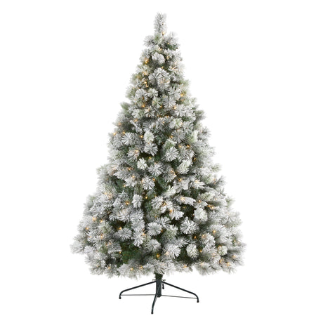 7’ Flocked Oregon Pine Artificial Christmas Tree with 400 Clear Lights and 834 Bendable Branches-Christmas Tree-Parc Decor